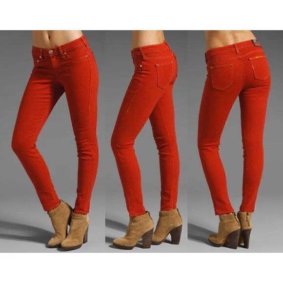 True Religion Halle Phantom American Flag Logo Tomato Red Skinny Jeans, Size 27 - Picture 2 of 16